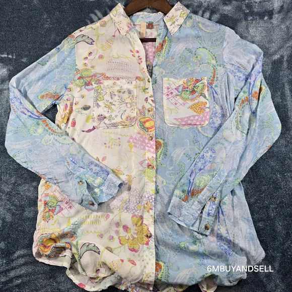Anthropologie Pilcro Blue Floral Button Up Shirt Women's‎ XS Boho Blouse - Picture 2 of 12